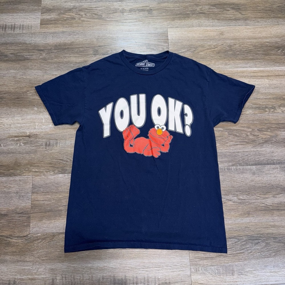 Sesame Street Navy Blue Graphic Shirt Mens/Unisex Medium (38/40) "YOU OK?" Print